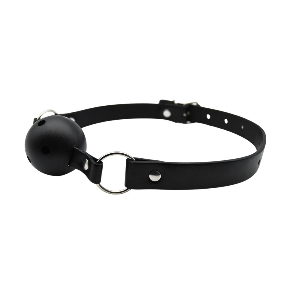 Black breathable ball gag by Bound to Play, featuring adjustable straps and a smooth, rounded ball for comfortable restraint.