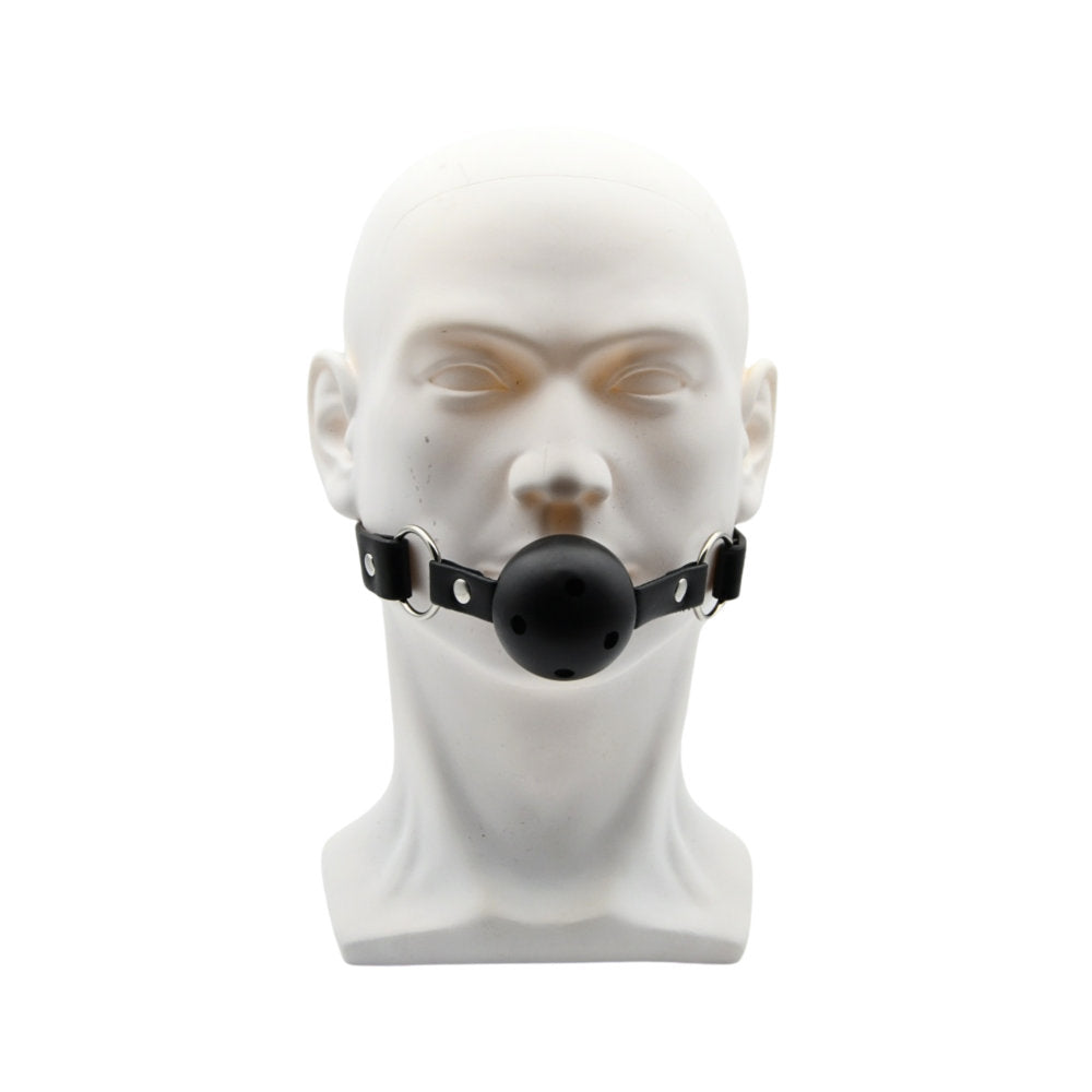 Black breathable ball gag by Bound to Play, featuring adjustable straps and secure fit, designed for adult BDSM play.