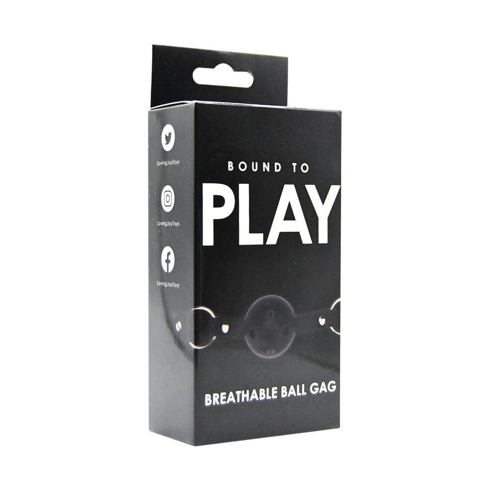 Black breathable ball gag by Bound to Play, featuring adjustable straps and a smooth, comfortable ball for restrained play.