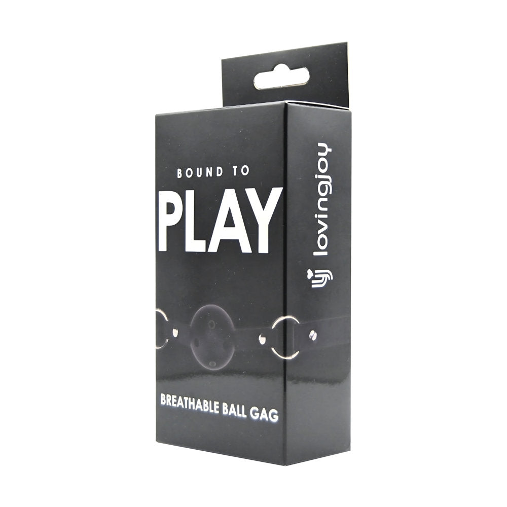 Black breathable ball gag by Bound to Play, adjustable strap and durable design, used for BDSM restraint and sensory play.