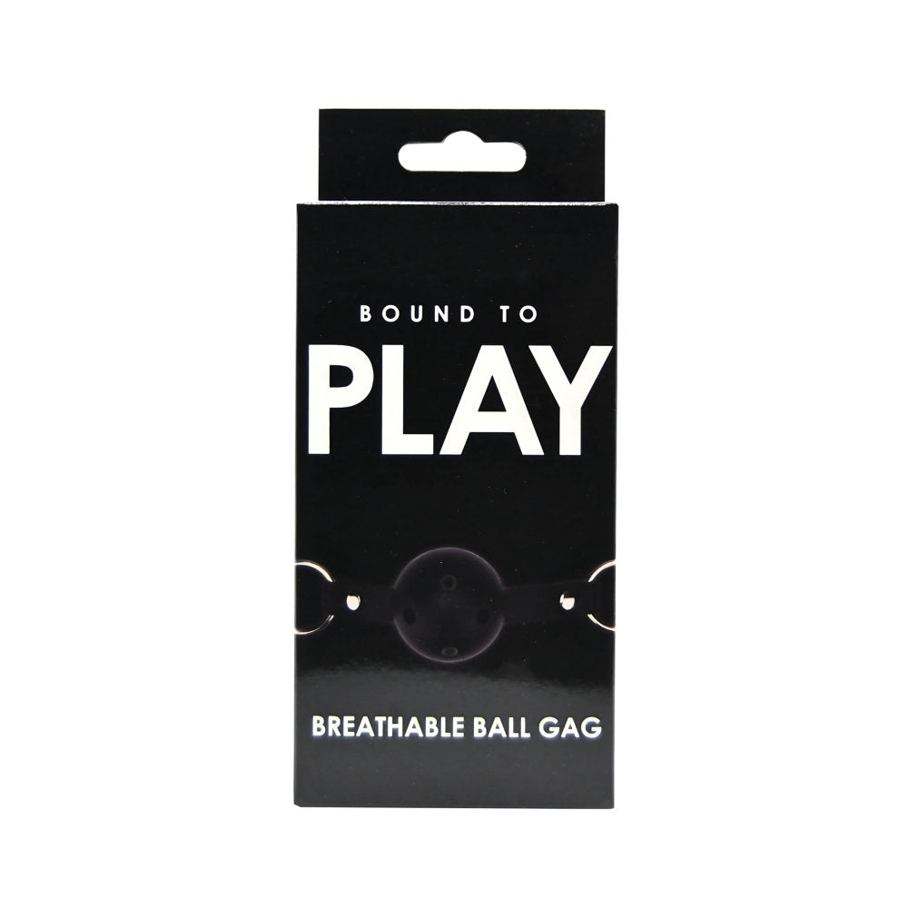 Black breathable ball gag by Bound to Play, featuring adjustable straps and secure fit for BDSM restraint play.