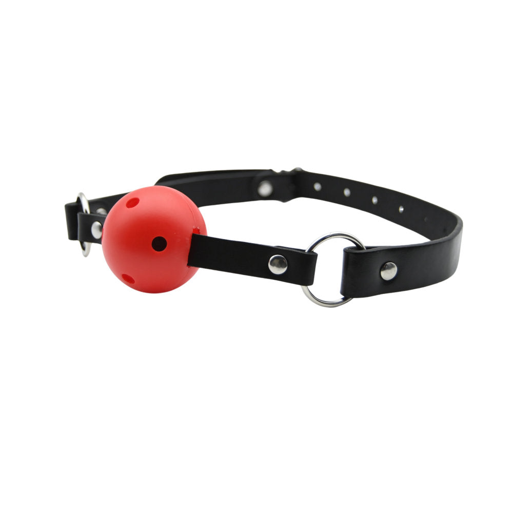 Bound to Play red breathable ball gag for BDSM, featuring adjustable straps and soft silicone ball for comfort and restraint.
