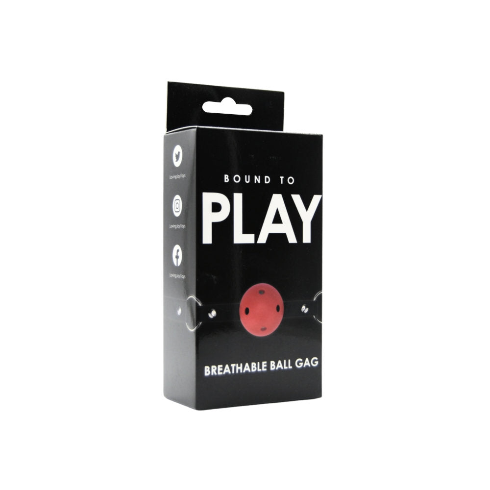 Bound to Play breathable red ball gag for BDSM restraint, featuring adjustable straps and smooth silicone ball for comfort.