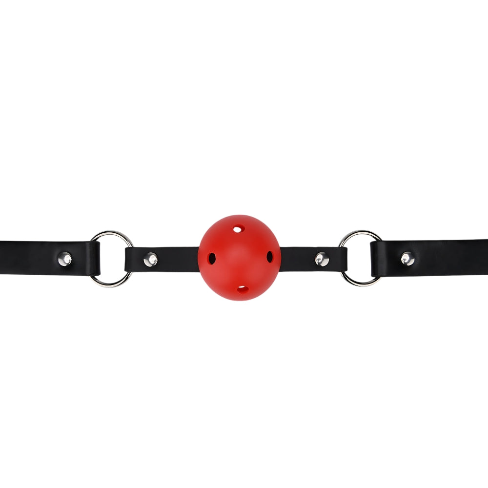 Red breathable ball gag by Bound to Play, adjustable strap and smooth ball for comfortable restraint in BDSM play.