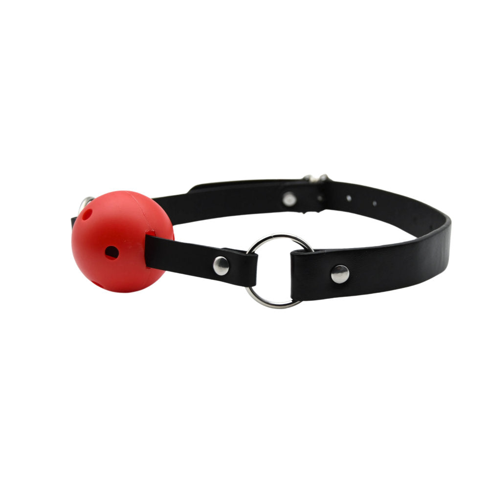 Red breathable ball gag from Bound to Play, featuring adjustable straps and secure fit for BDSM restraint play.