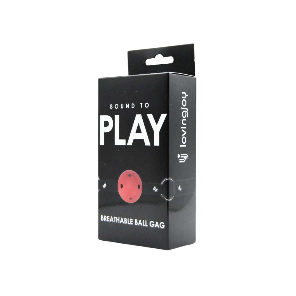 Red breathable ball gag by Bound to Play, featuring a secure strap and smooth ball for BDSM restraint and play.