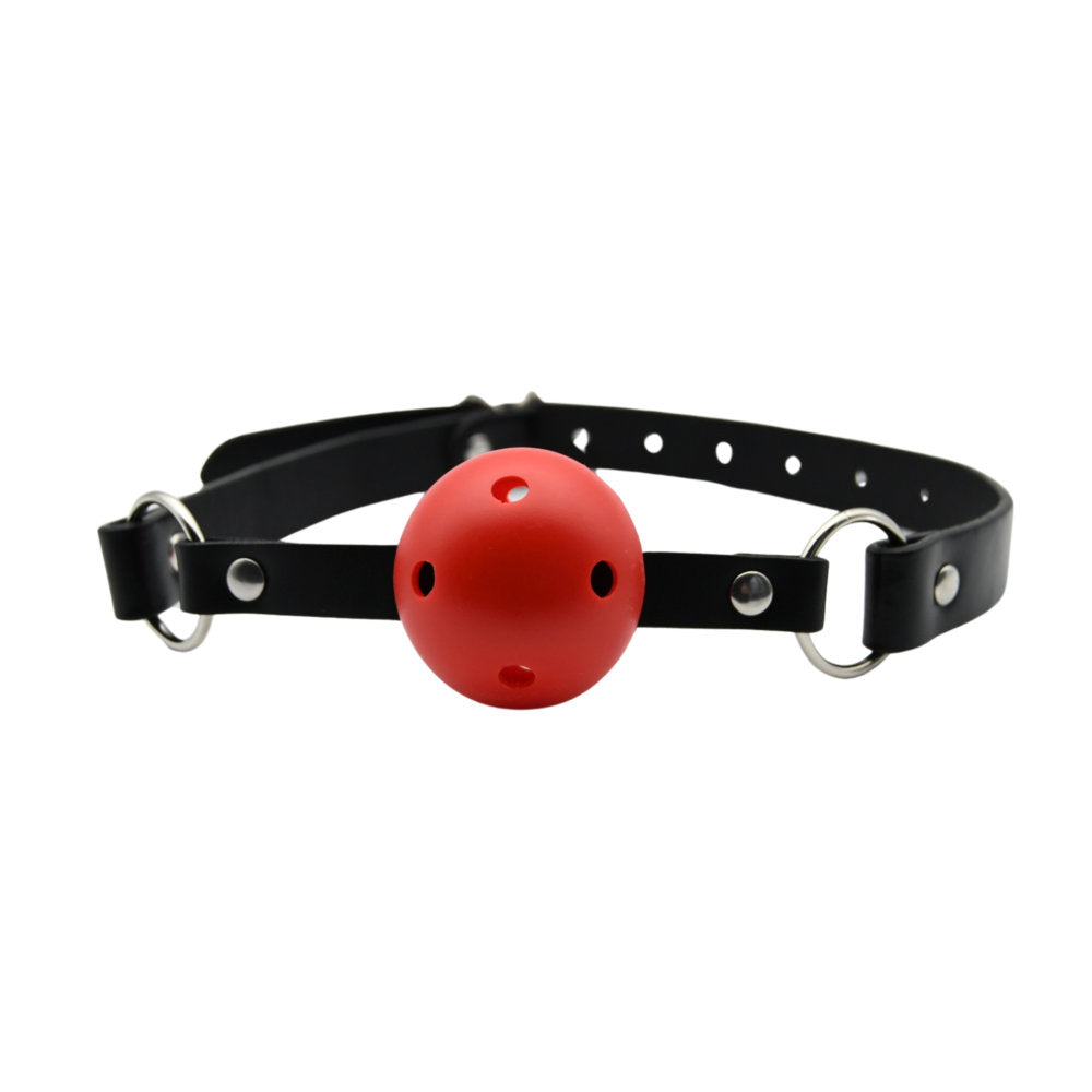 Red Breathable Ball Gag by Bound to Play, featuring adjustable straps and ventilation holes for comfort during use.