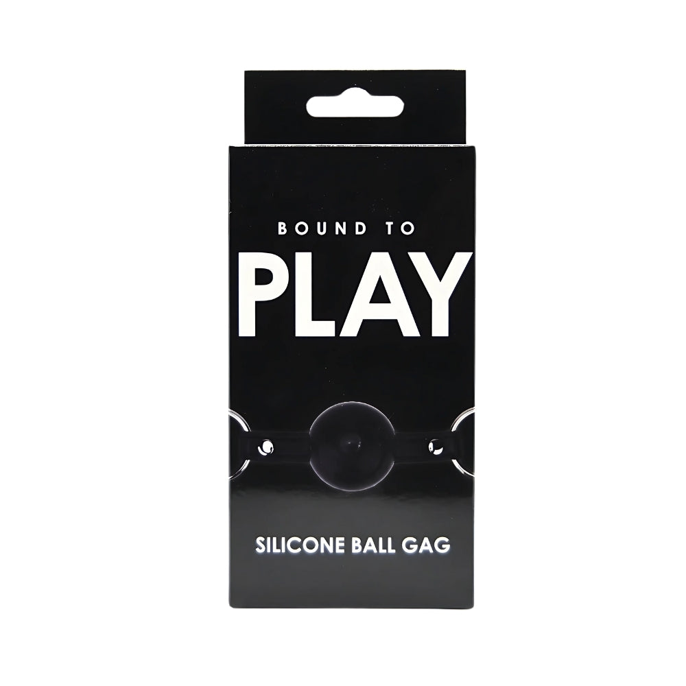 Bound to Play silicone ball gag showing a black silicone ball attached to adjustable strap for BDSM restraint play.