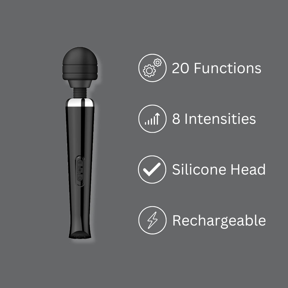 Black Loving Joy rechargeable magic wand vibrator with ergonomic design and textured handle, ideal for targeted stimulation.