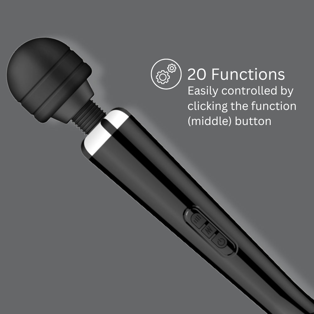 Loving Joy rechargeable black magic wand vibrator with ergonomic design and flexible head for targeted stimulation.