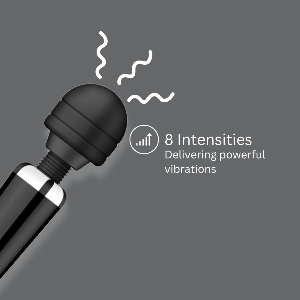 Loving Joy rechargeable black magic wand vibrator with ergonomic design and flexible head for targeted stimulation.