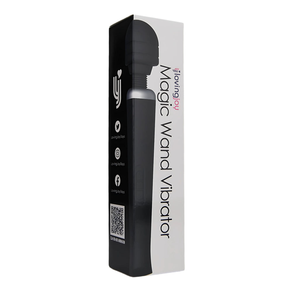 Loving Joy rechargeable black magic wand vibrator with ergonomic design and flexible head for targeted stimulation.