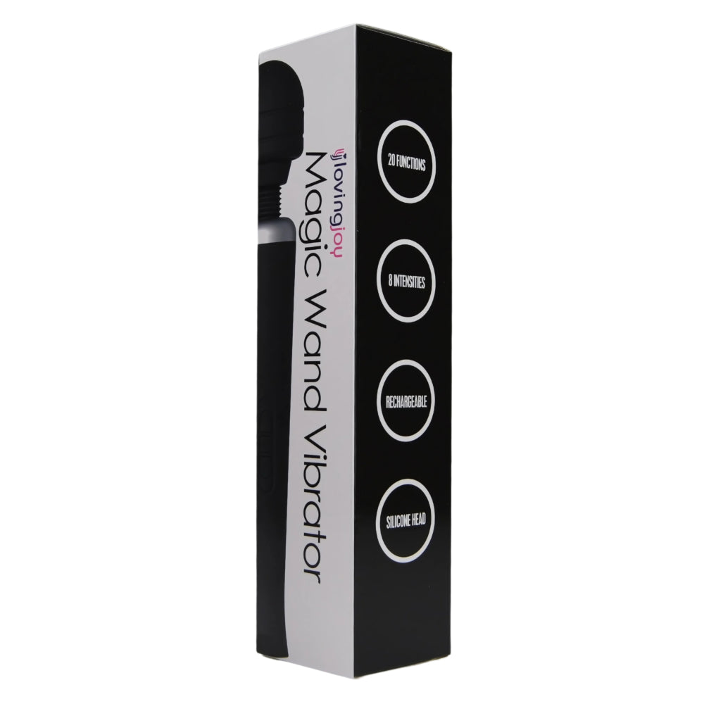 Loving Joy rechargeable black magic wand vibrator with a sleek design and flexible head for targeted stimulation.