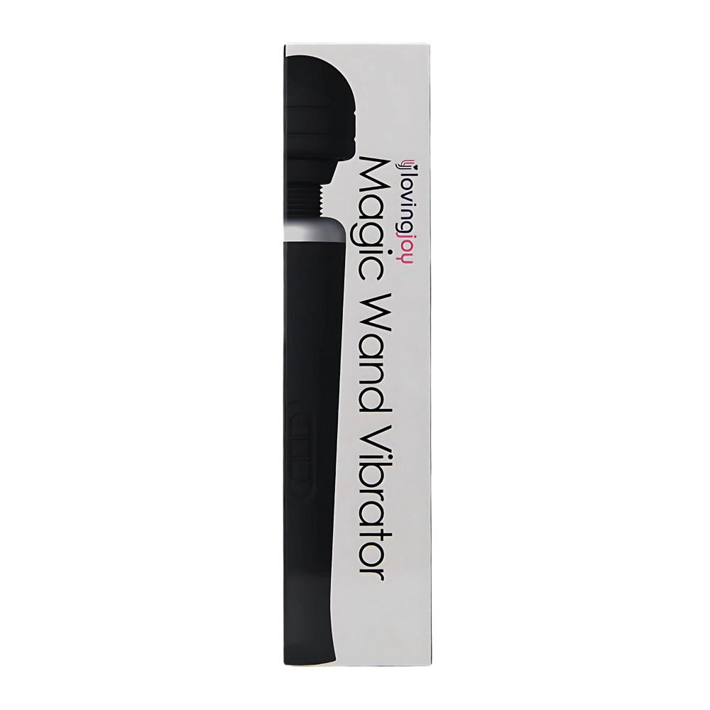 Black Loving Joy rechargeable magic wand vibrator with a sleek design and flexible head for targeted stimulation.