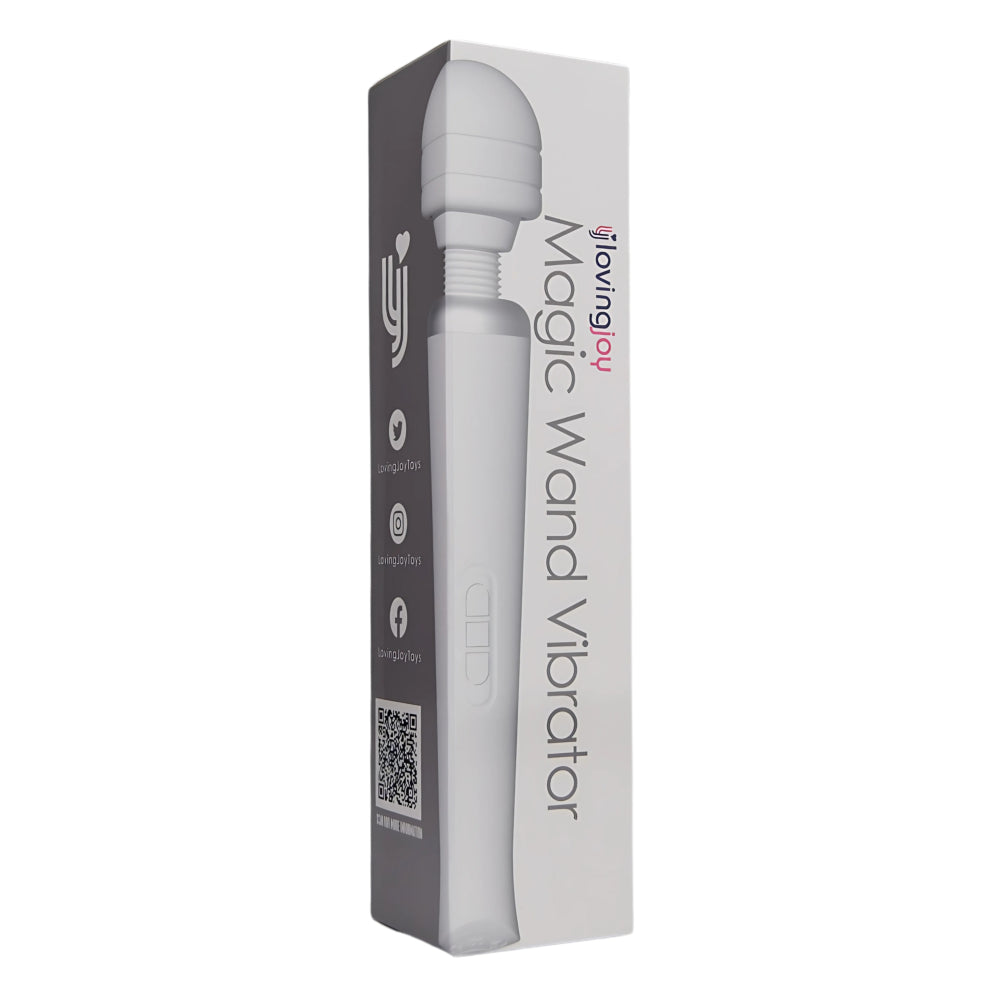 Loving Joy rechargeable white magic wand vibrator with a sleek design, suitable for intimate pleasure and personal use.