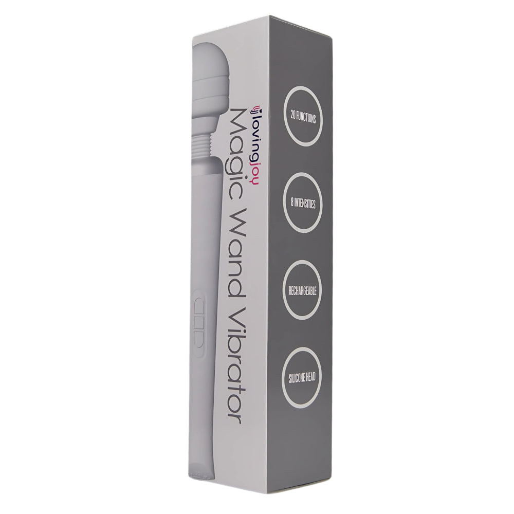 Loving Joy Rechargeable Magic Wand Vibrator in white, showing the sleek ergonomic design and power button on the handle.