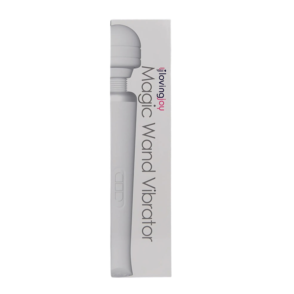 Loving Joy rechargeable white magic wand vibrator with smooth handle and flexible head for personal pleasure use.