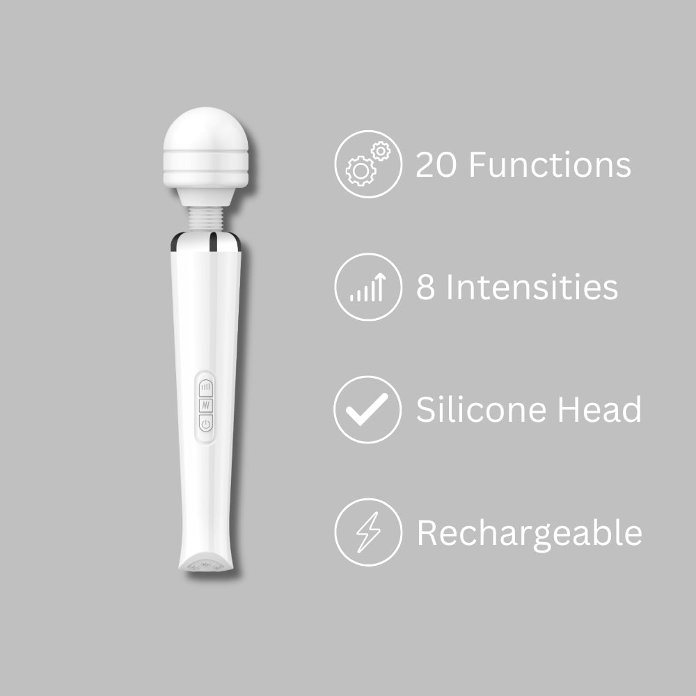 Loving Joy rechargeable white magic wand vibrator with smooth body and flexible head, designed for intimate pleasure and comfort.