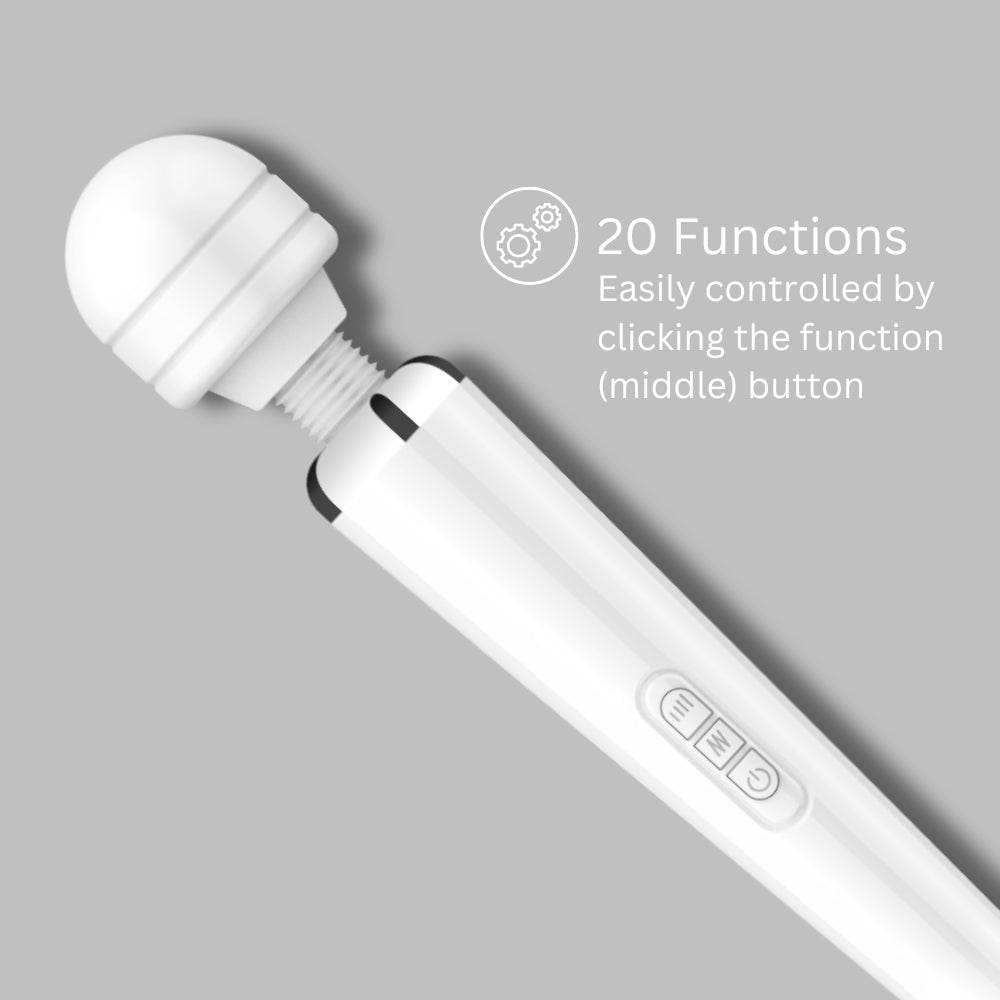 Loving Joy rechargeable magic wand vibrator in white, showing the sleek body and flexible head of the wand vibrator.