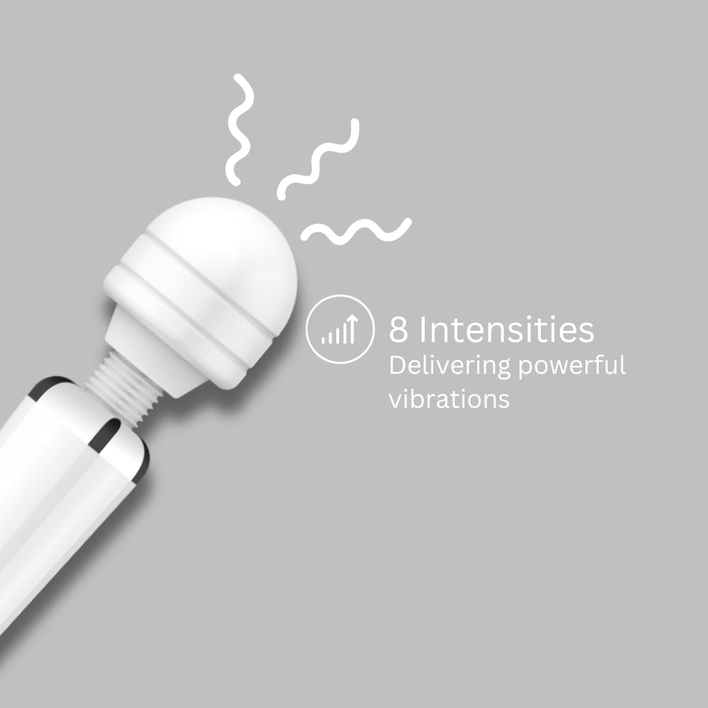 Loving Joy Rechargeable Magic Wand Vibrator in white, with a sleek design and power cord, displayed on a neutral background.