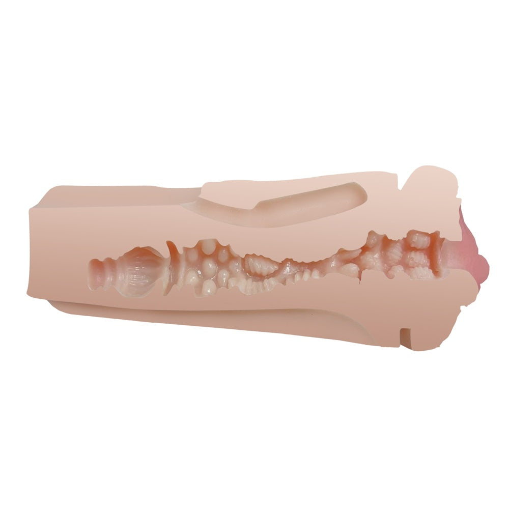 Rev Lite squeezable male masturbator featuring a realistic vagina design in a compact cup for discreet pleasure.