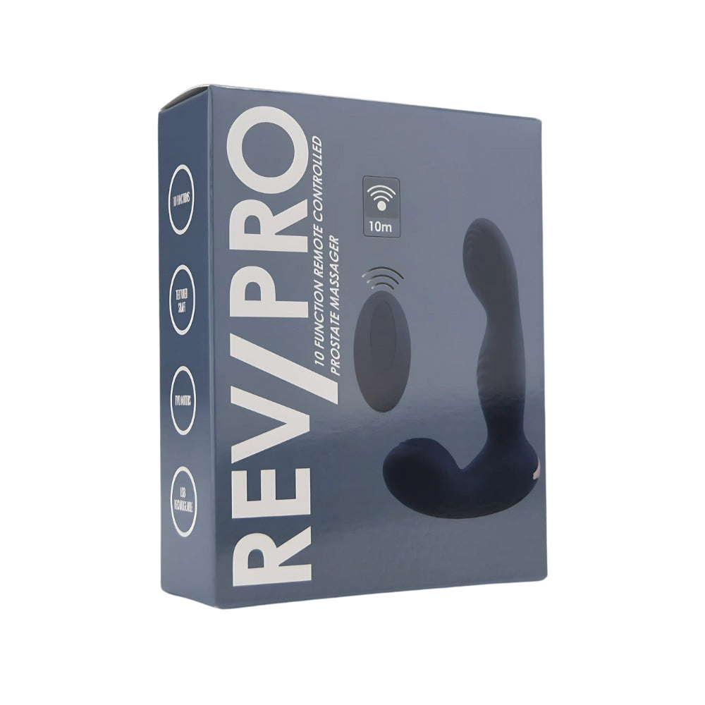 Rev-Pro 10-function remote-controlled prostate massager with anal beads in packaging, designed for pleasure and prostate stimulation.