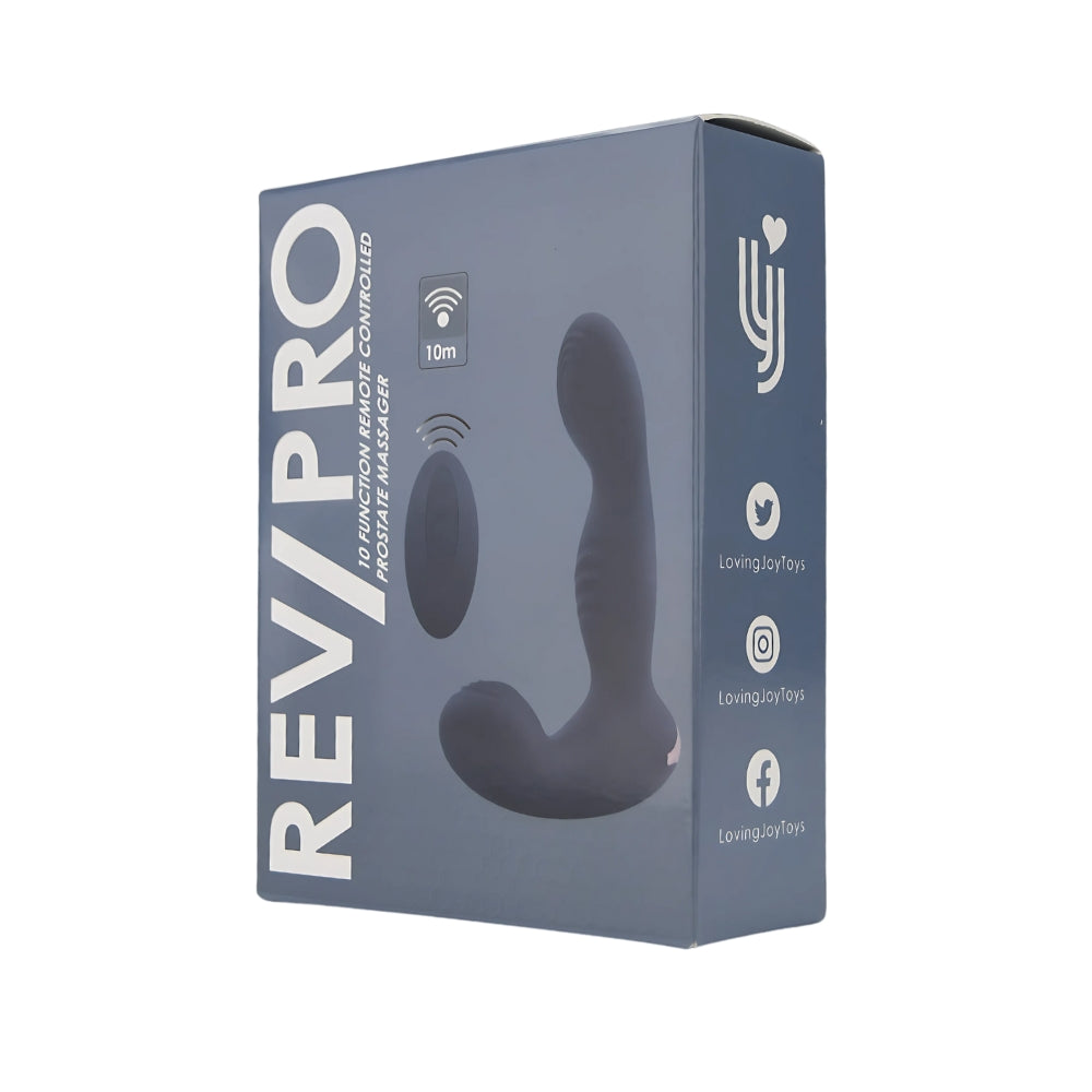 Rev-Pro 10-function remote-controlled prostate massager with anal beads, shown in a close-up view highlighting its design and controls.