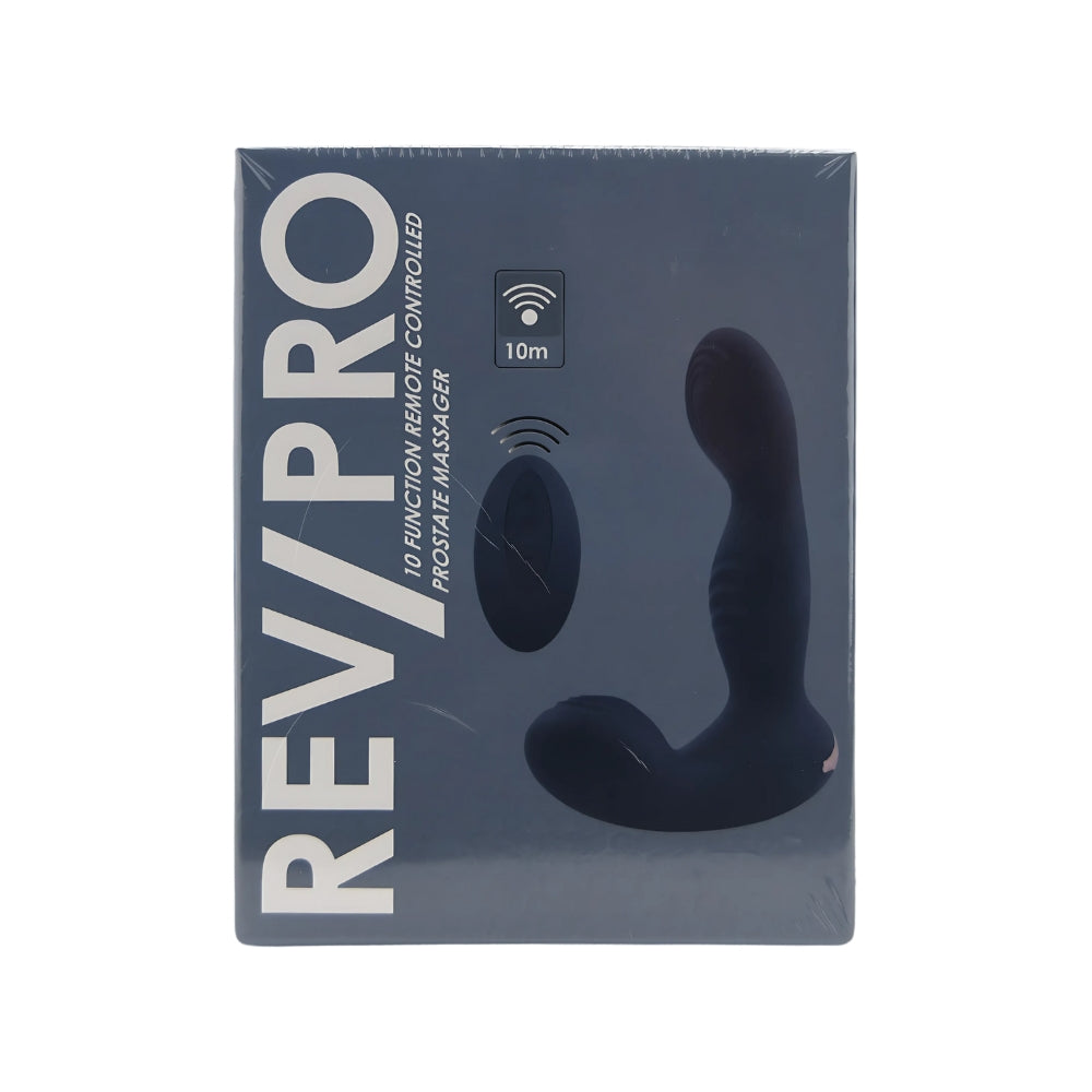Rev Pro 10-function remote-controlled prostate massager with anal beads, shown wrapped and ready for use.