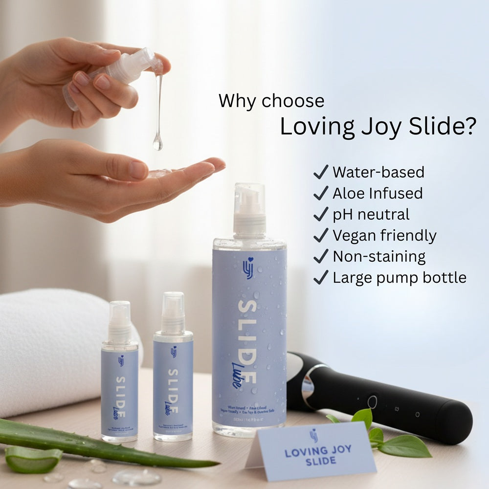 Loving Joy Slide water-based lubricant 500ml bottle on a soft background, showcasing its sleek design and label.