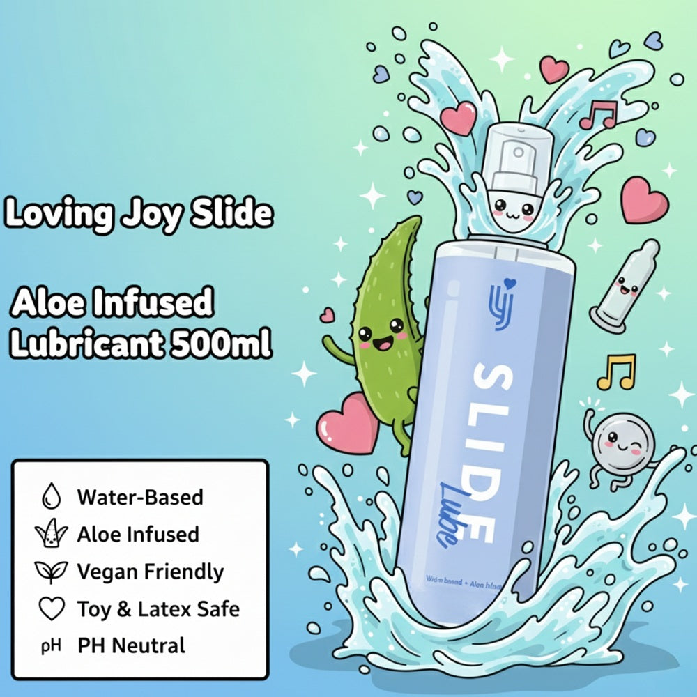 Loving Joy Slide water-based lubricant 500ml bottle in a lifestyle setting, showcasing its sleek design and usability.