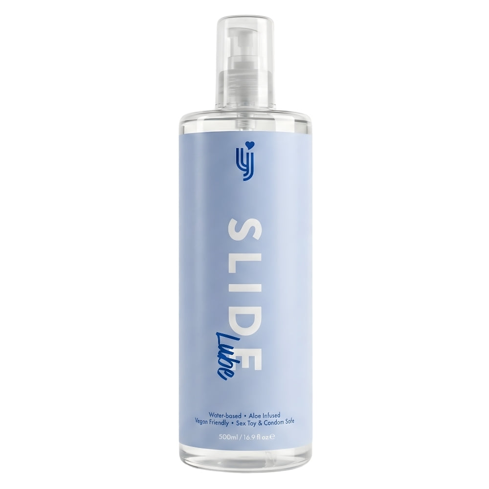 Loving Joy Slide water-based lubricant in a 500ml bottle with a sleek design, perfect for enhancing intimacy.