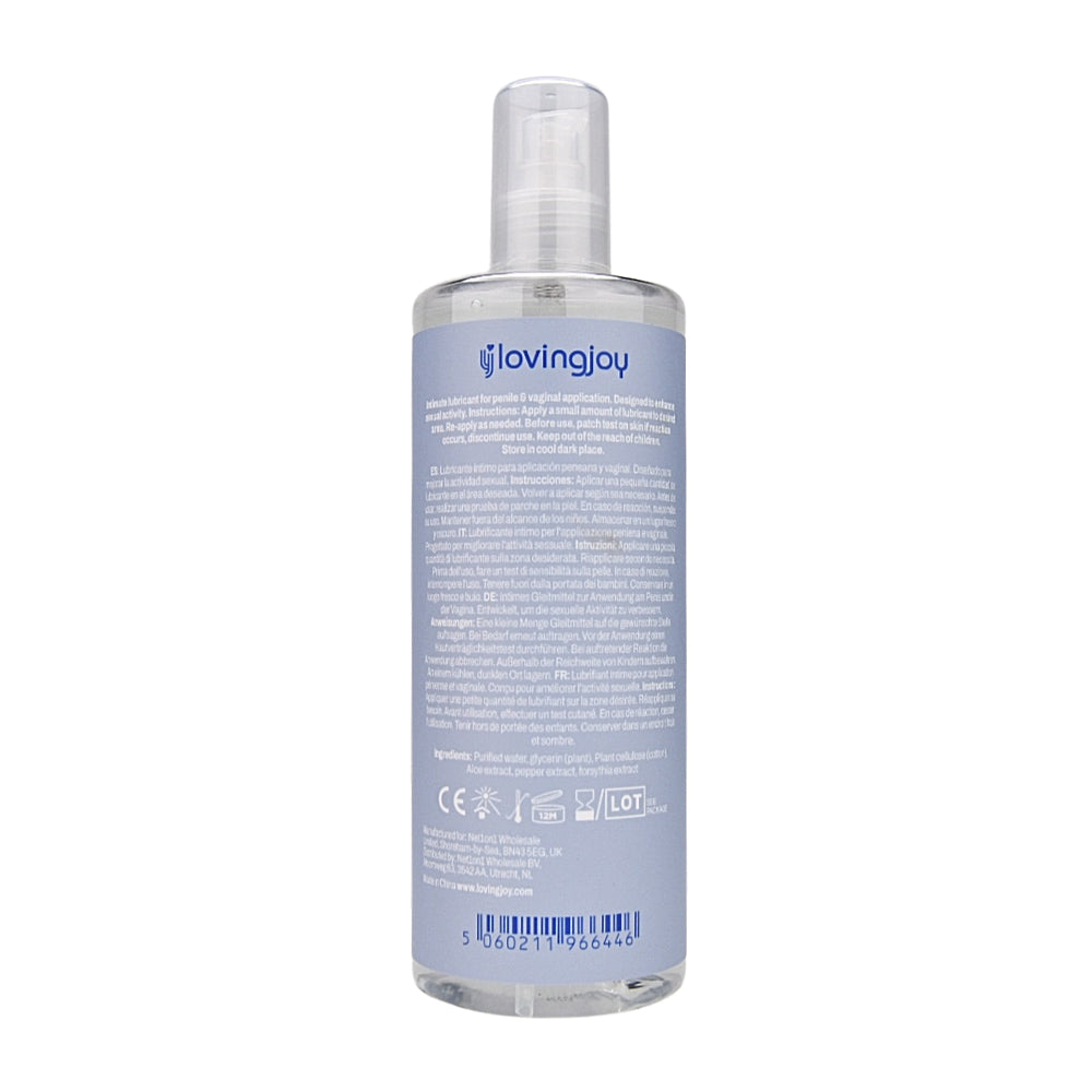 Back view of Loving Joy Slide water-based lubricant 500ml bottle with detailed labeling and clear liquid inside.