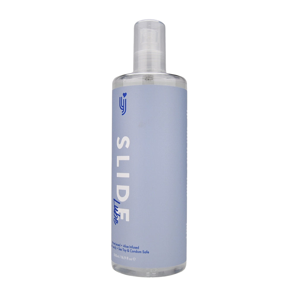 Loving Joy Slide water-based lubricant 500ml bottle with a clear label and a sleek design on a neutral background.