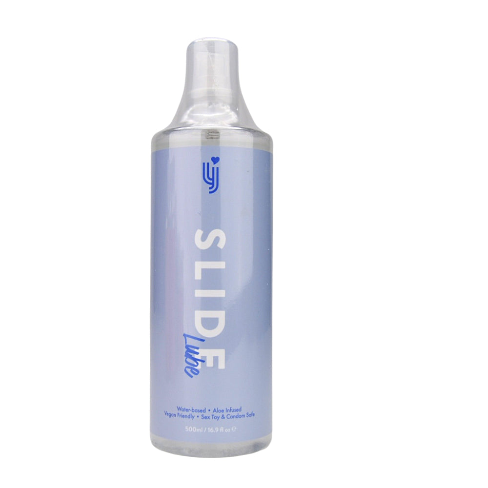 Loving Joy Slide water-based lubricant 500ml bottle with a sleek design, perfect for enhancing intimacy and comfort.