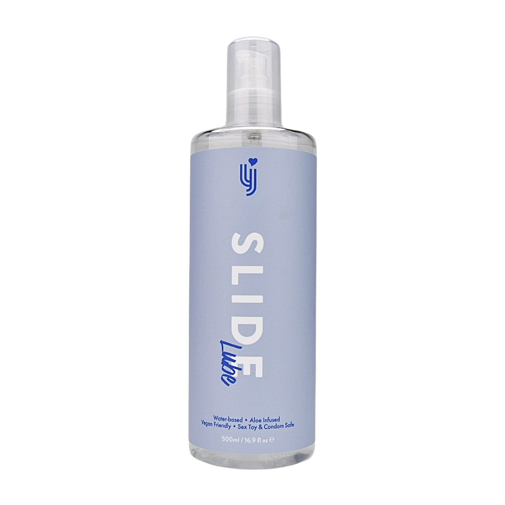 Loving Joy Slide water-based lubricant in a 500ml bottle with a sleek design, ideal for enhancing intimacy.