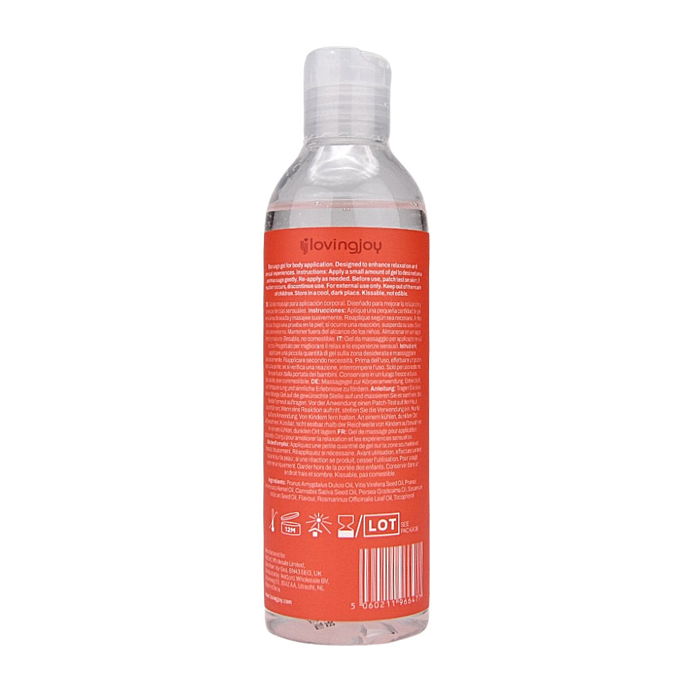 Back view of Loving Joy Strawberry Massage Gel 250ml bottle, part of Loving Joy Lubricants' massage oils and candles collection.