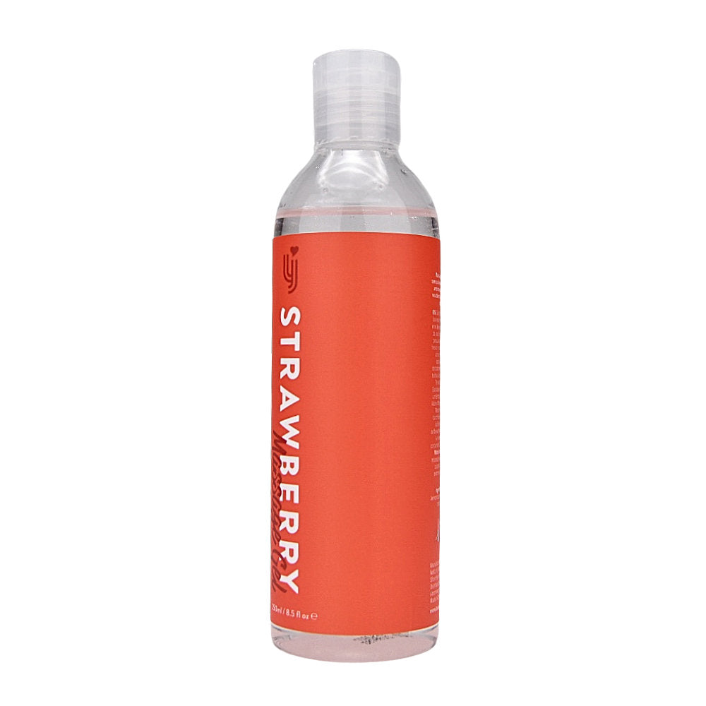 Side view of Loving Joy Strawberry Massage Gel in 250ml bottle, part of Loving Joy Lubricants massage oils and candles collection.