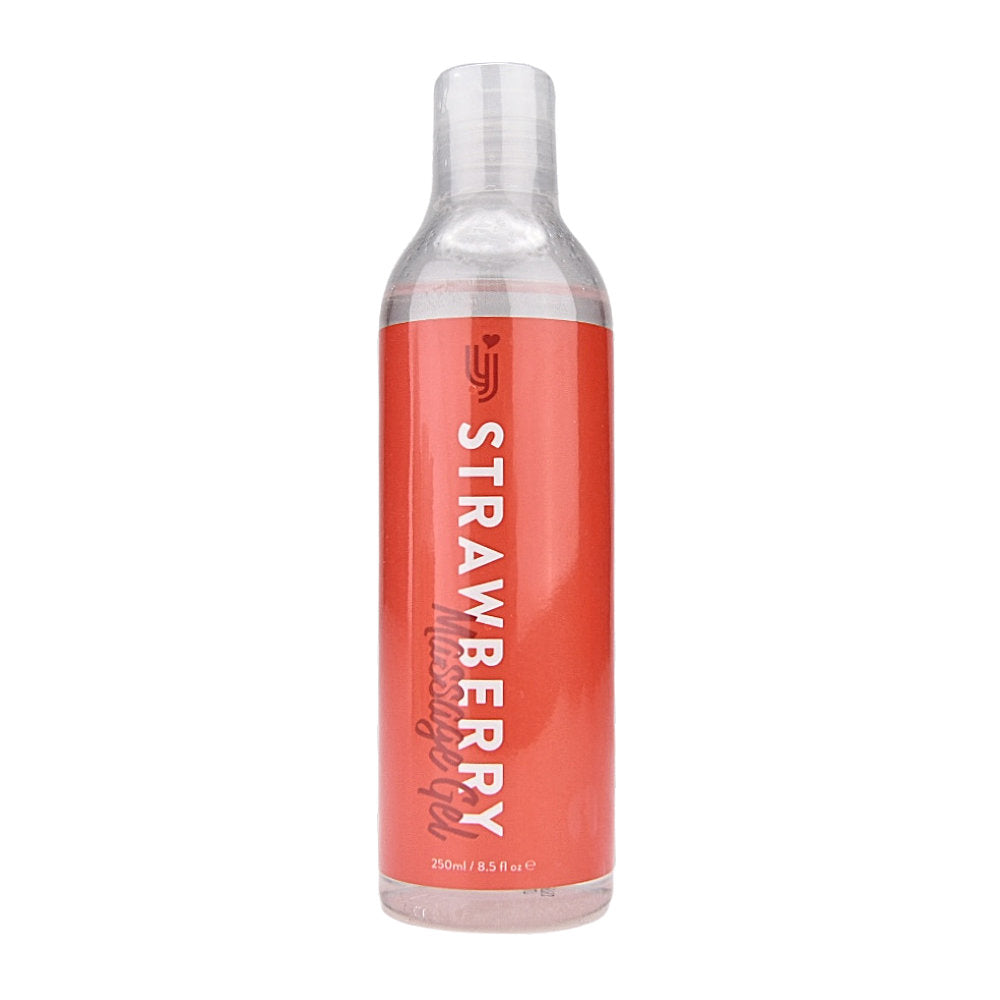 Loving Joy Strawberry Massage Gel in 250ml bottle, smooth gel for massage, with strawberry scent and branding on the label.
