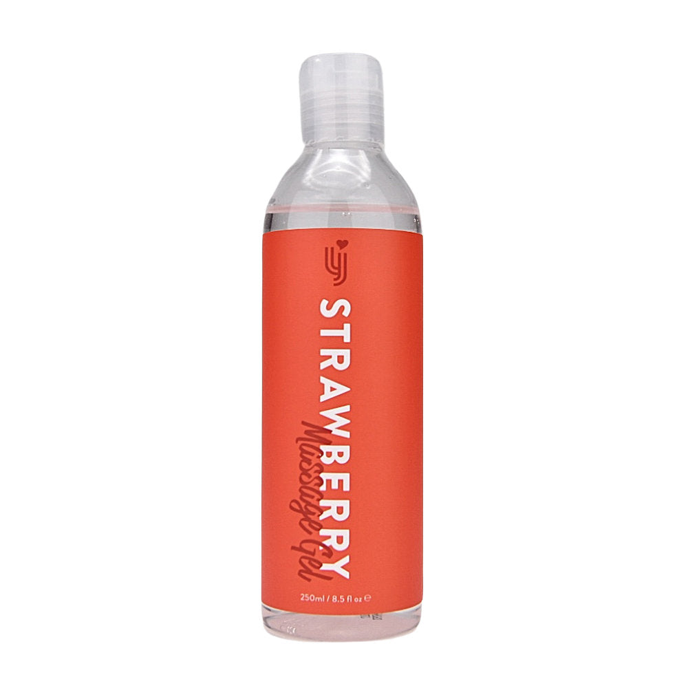 Loving Joy Strawberry Massage Gel 250ml bottle, smooth massage oil with strawberry scent, shown in a clear plastic container.