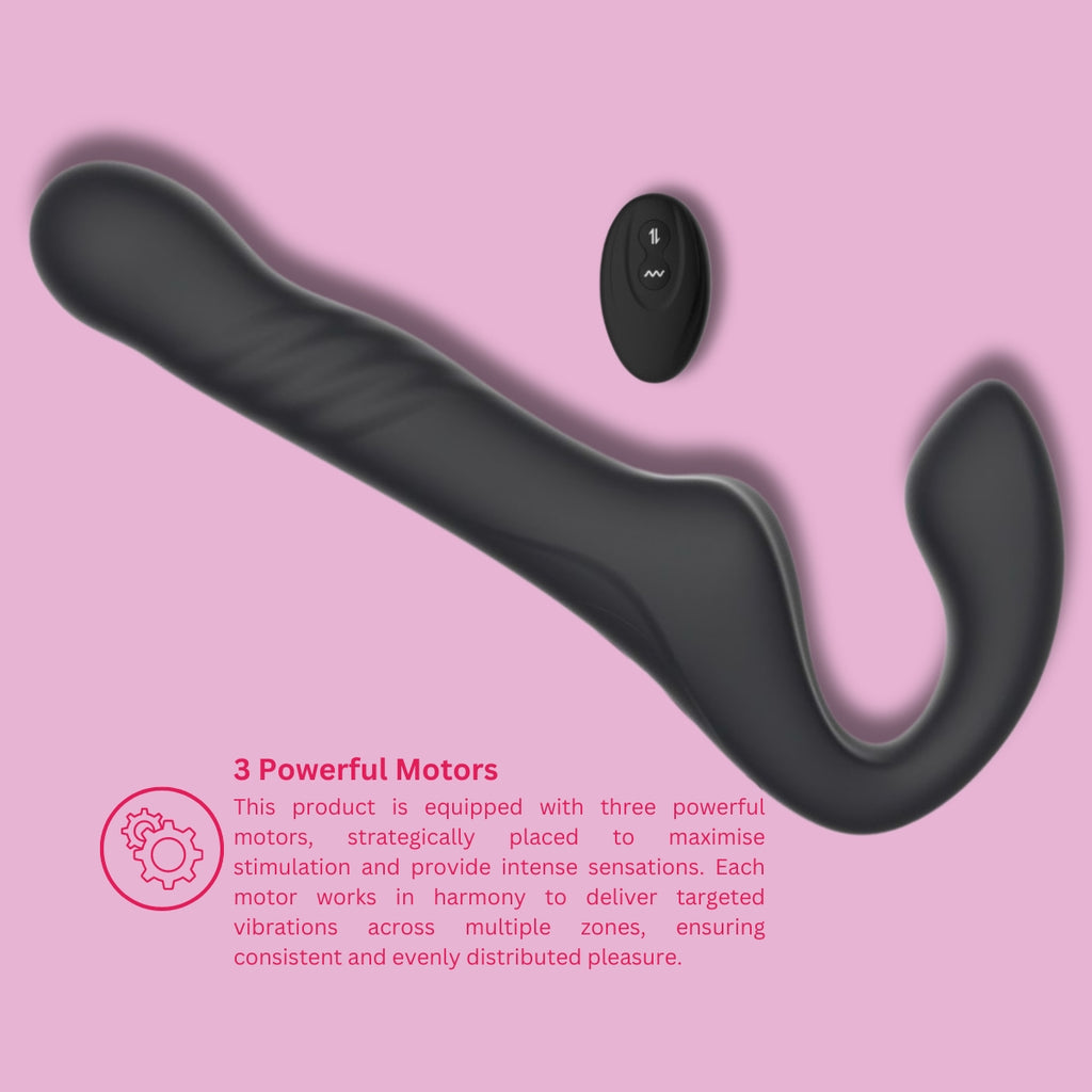 MINA Surge remote strapless strap-on with thrusting and vibrating features, shown in a sleek black design on a white background.
