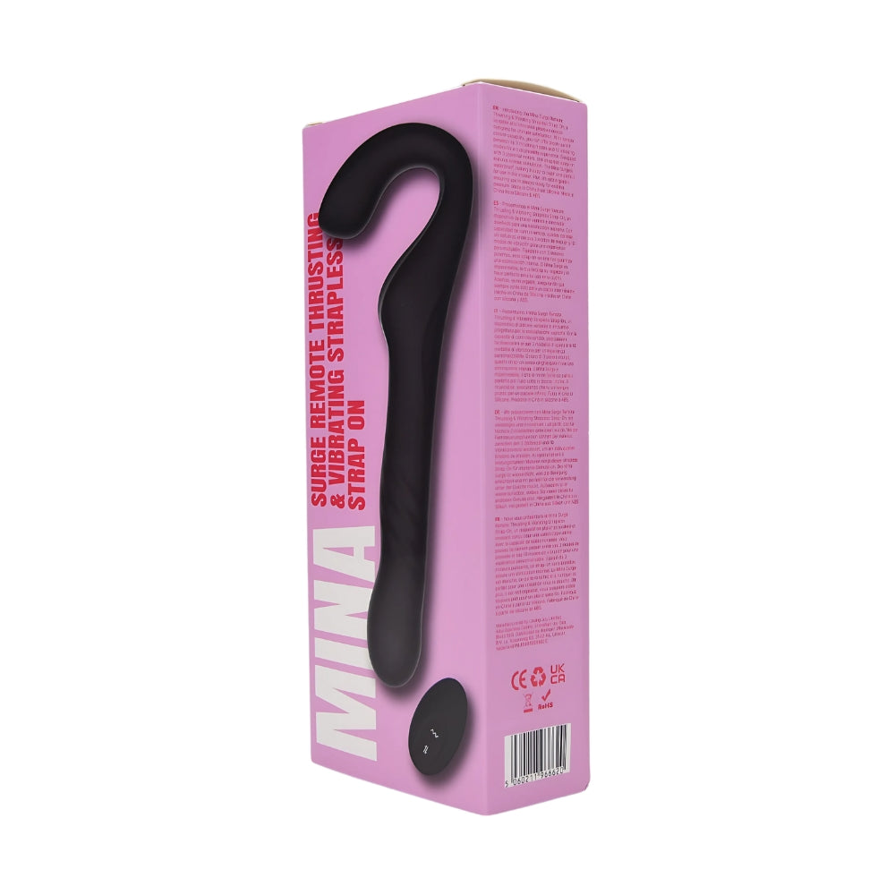 MINA Surge remote-controlled strapless vibrating strap-on with thrusting function, featuring adjustable harness and vibrant color.