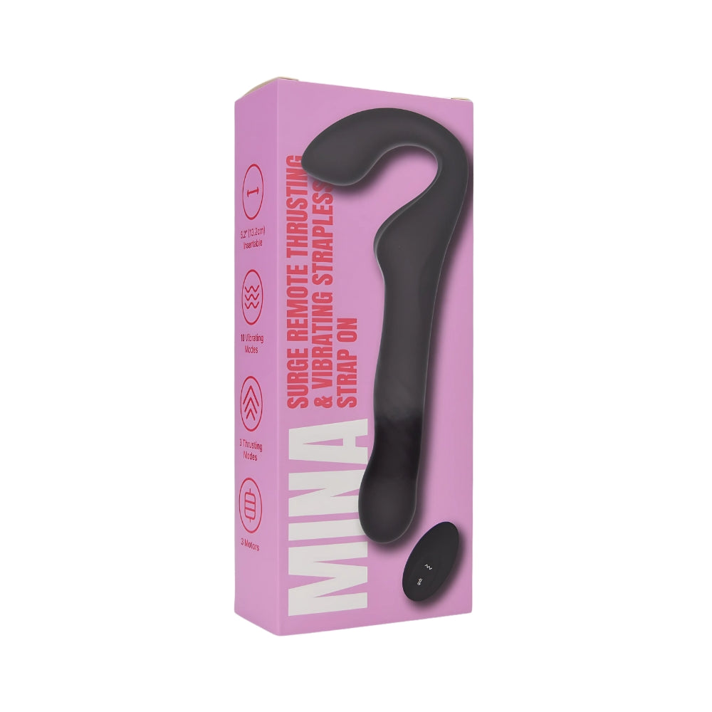 MINA Surge remote thrusting and vibrating strapless strap-on with adjustable harness and remote control for enhanced pleasure.
