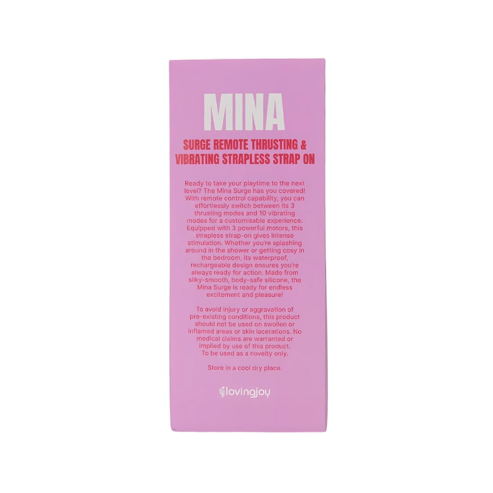 MINA Surge remote-controlled strapless strap-on with thrusting and vibrating features, shown in a sleek design.