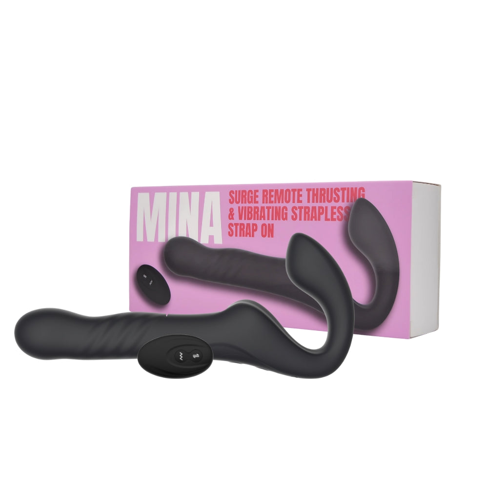 MINA Surge remote-controlled strapless strap-on with thrusting and vibrating features, shown from side view.