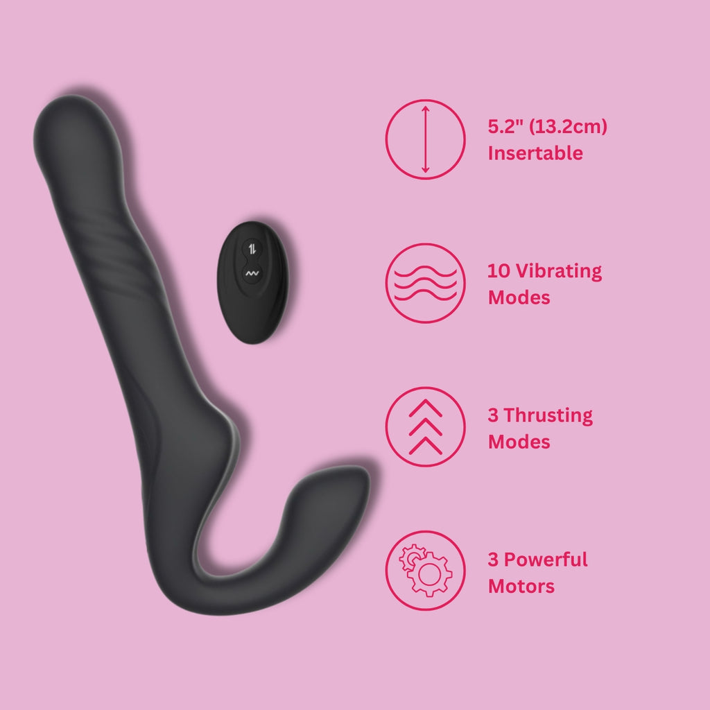 MINA Surge remote thrusting and vibrating strapless strap-on with dual stimulation features, shown in a sleek design.