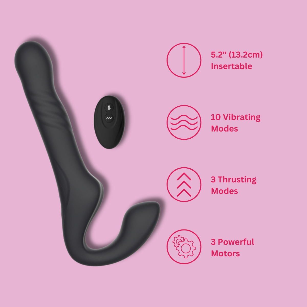 MINA Surge remote thrusting and vibrating strapless strap-on with dual stimulation features, shown in a sleek design.