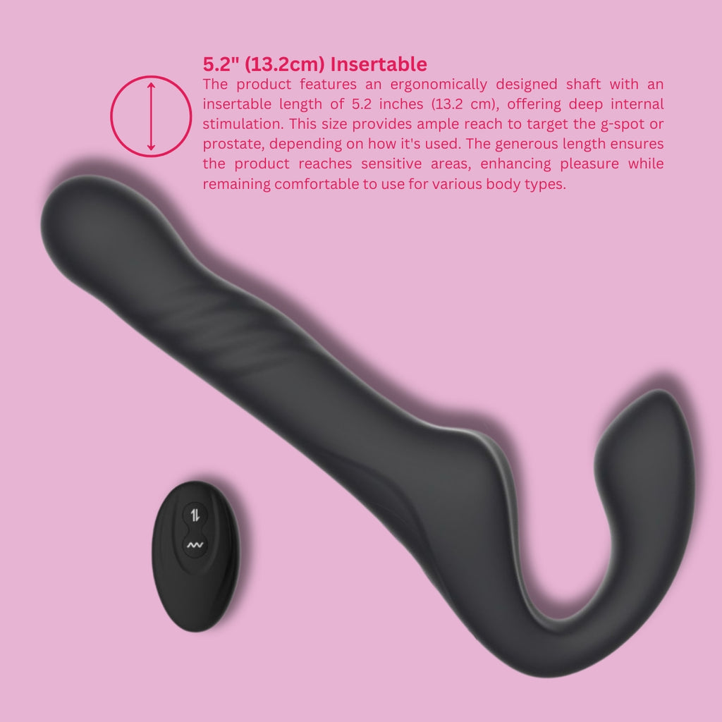 MINA Surge remote thrusting and vibrating strapless strap-on with adjustable harness and sleek design, shown in the image.