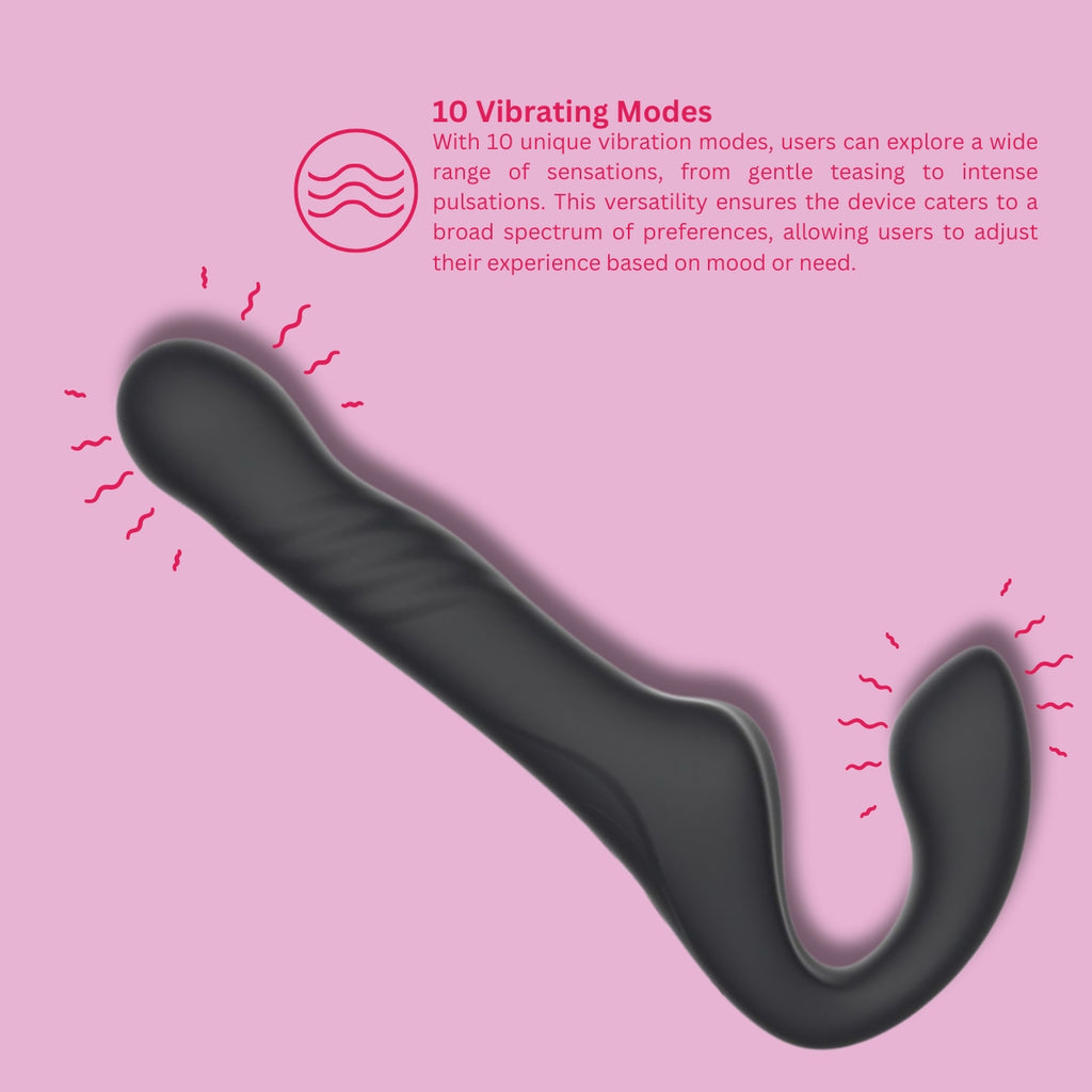 MINA Surge remote-controlled strapless strap-on with thrusting and vibrating features, featuring sleek design and adjustable straps.