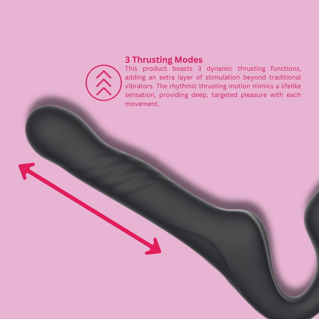 MINA Surge remote-controlled strapless strap-on with thrusting and vibrating features, shown in a sleek black design.