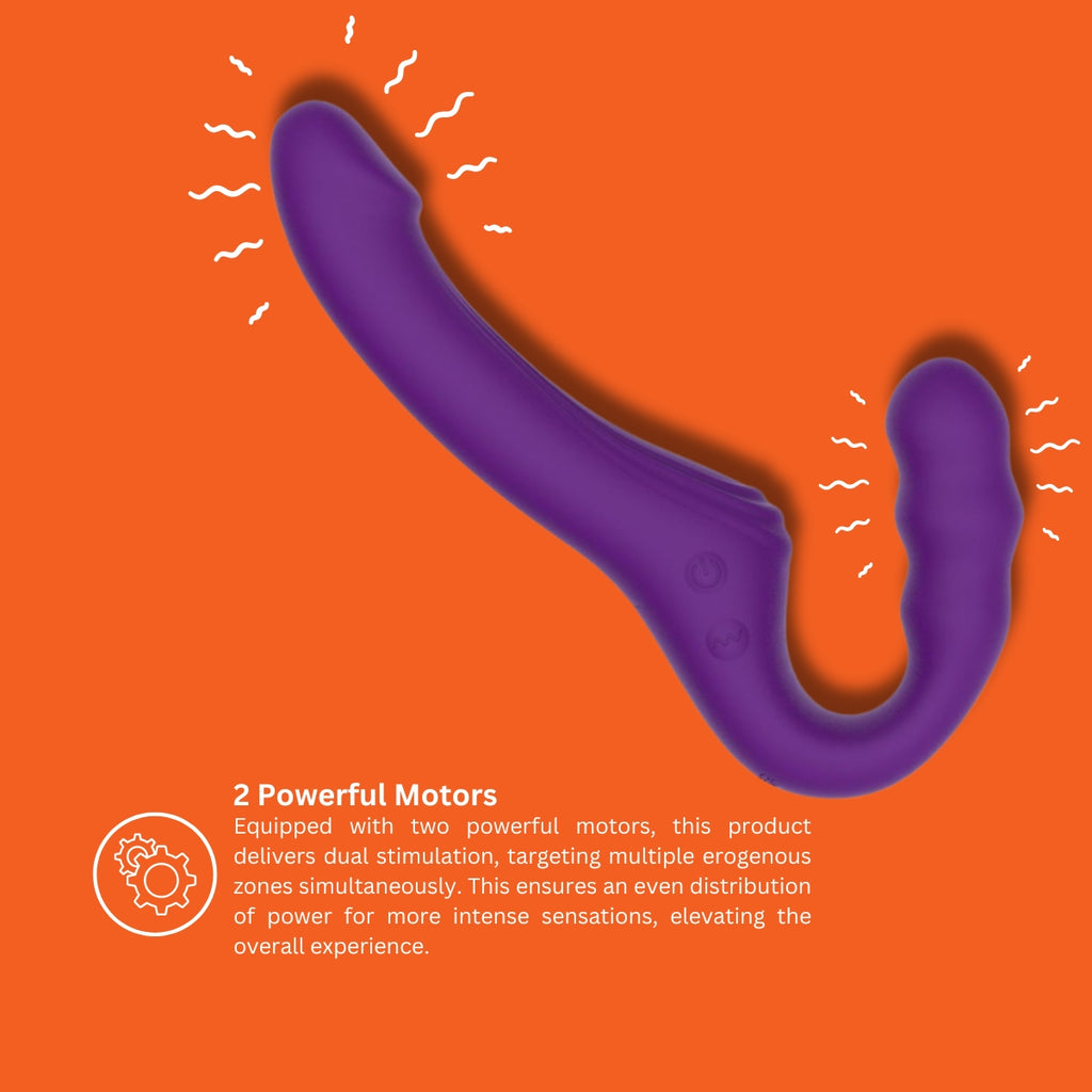 MINA Echo remote vibrating strapless strap-on displayed on a soft surface, showcasing its sleek design and remote control.
